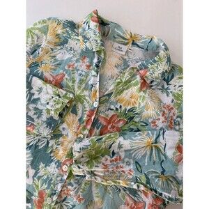 Hot Cotton Floral Button Up Top Blouse Shirt Women Size M White flora 100% Linen